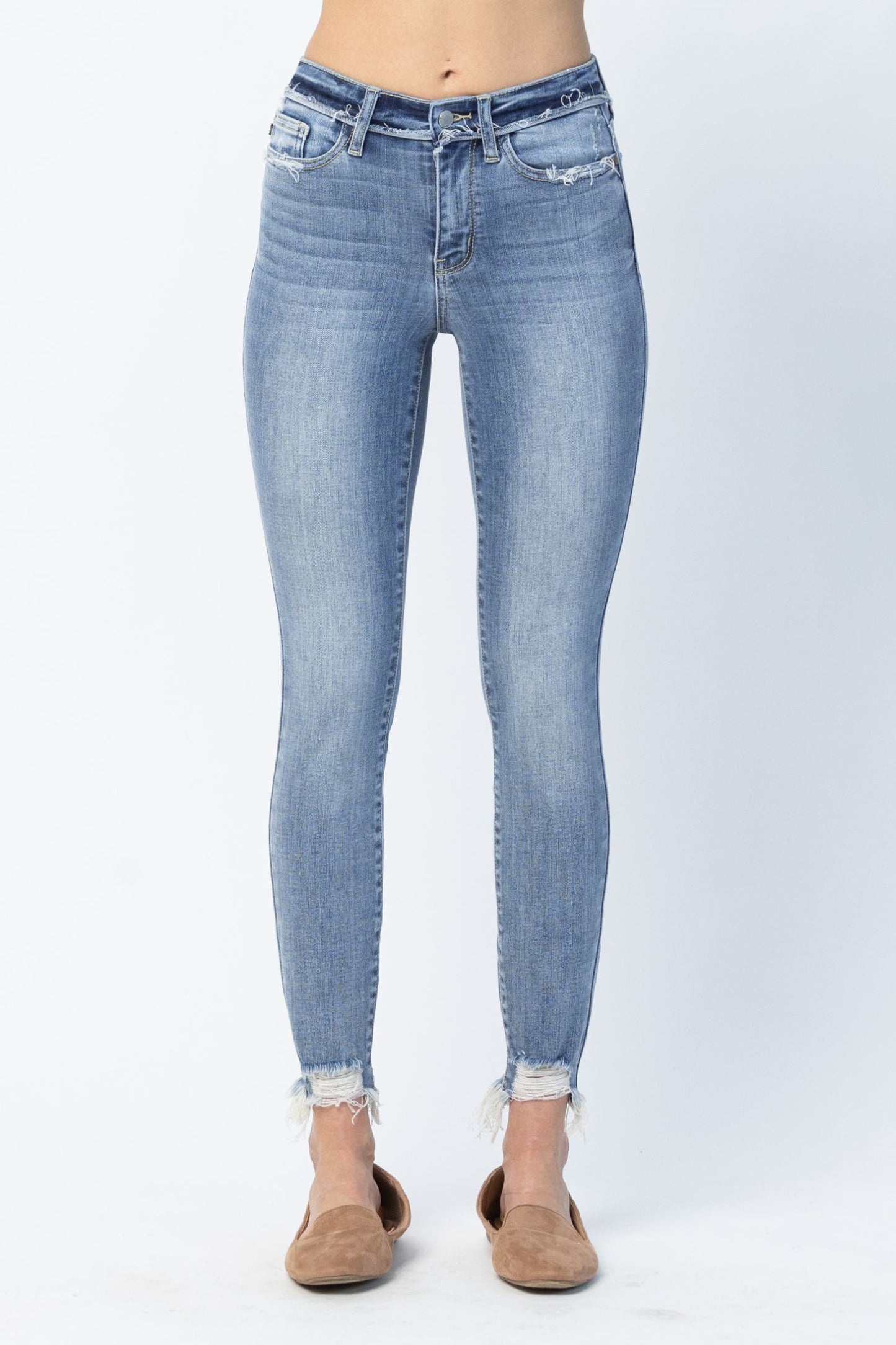 Judy Blue Women’s Mid Rise Release Waist Distressed Hem Skinny Jeans