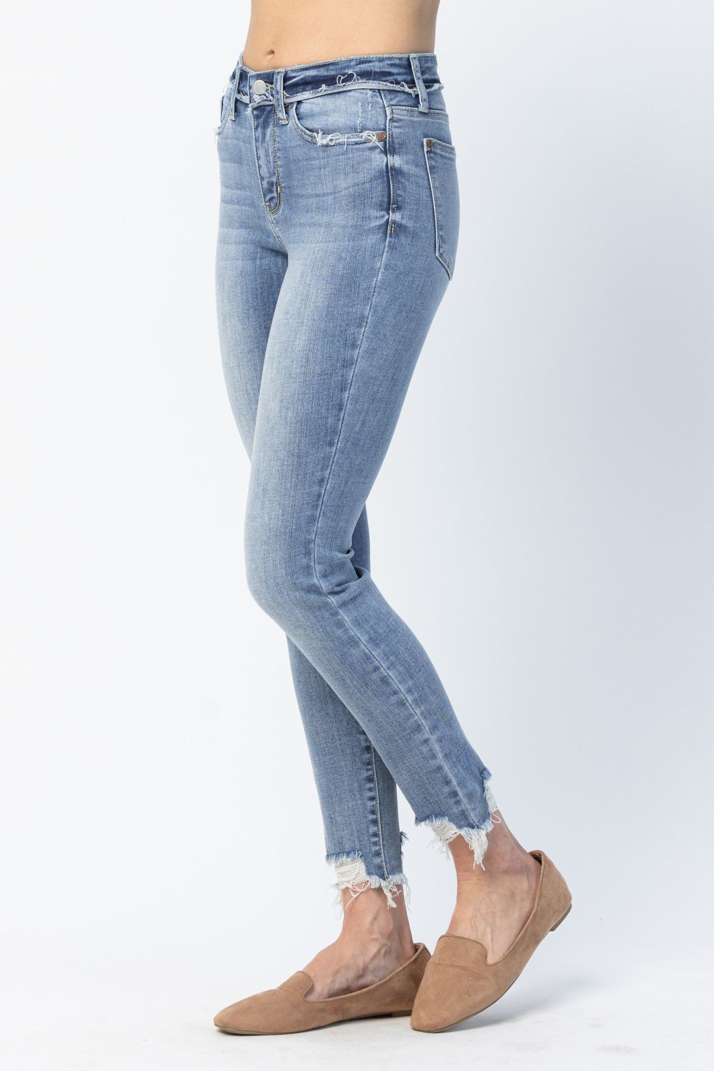 Judy Blue Women’s Mid Rise Release Waist Distressed Hem Skinny Jeans