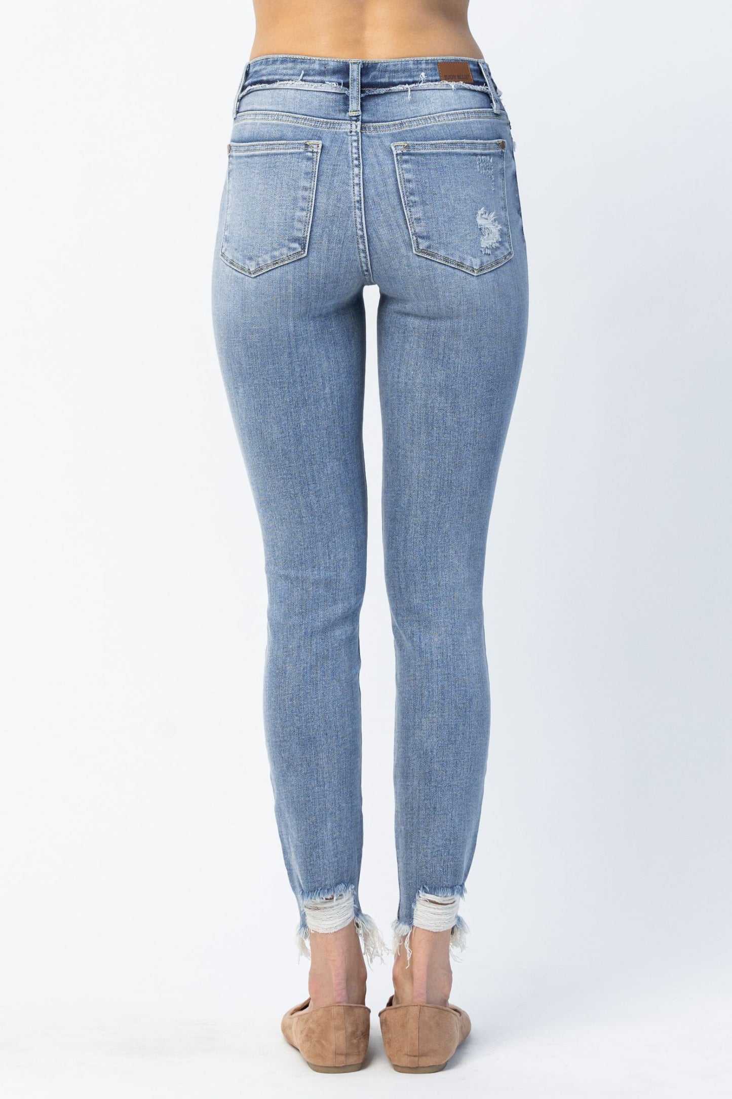 Judy Blue Women’s Mid Rise Release Waist Distressed Hem Skinny Jeans