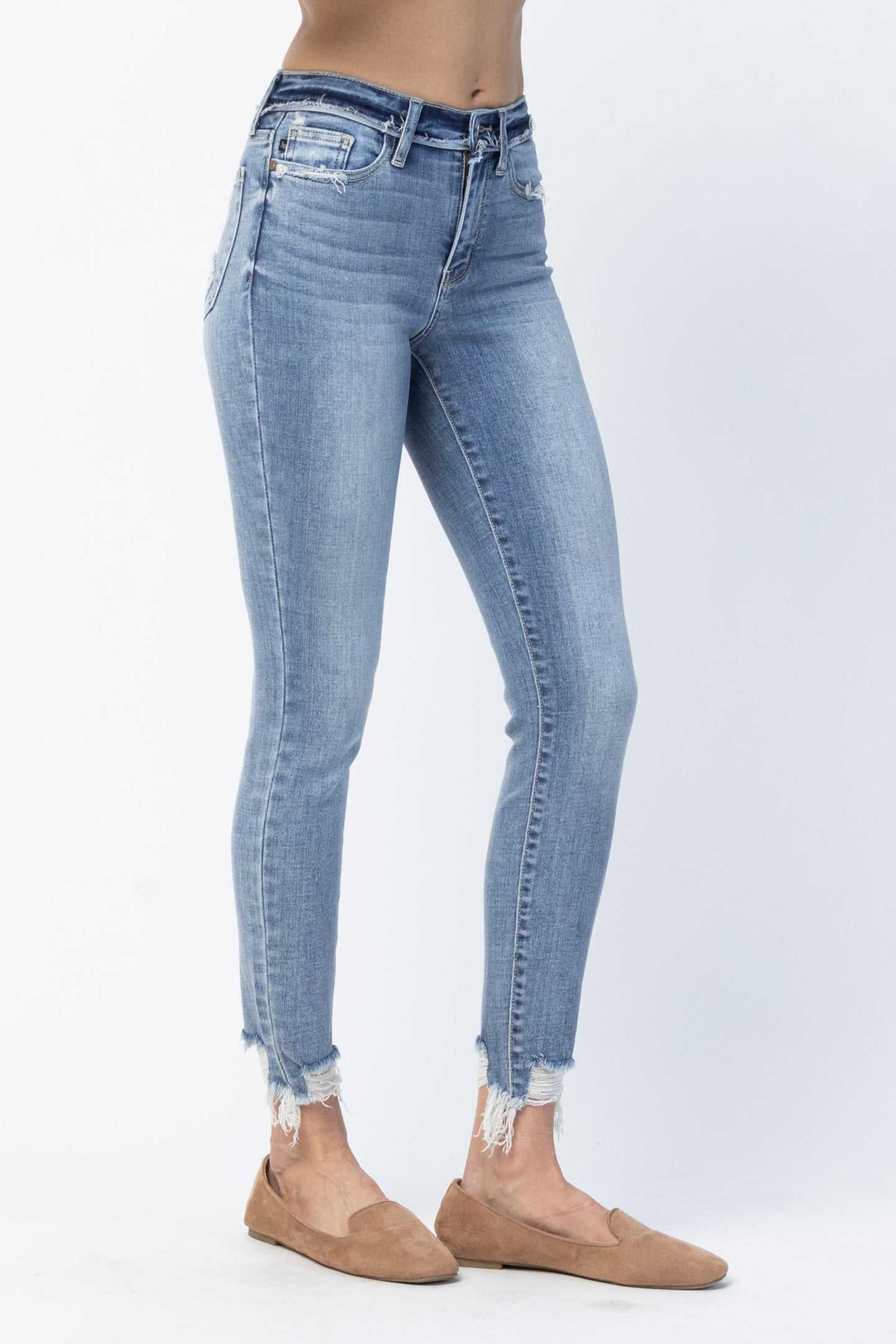 Judy Blue Women’s Mid Rise Release Waist Distressed Hem Skinny Jeans