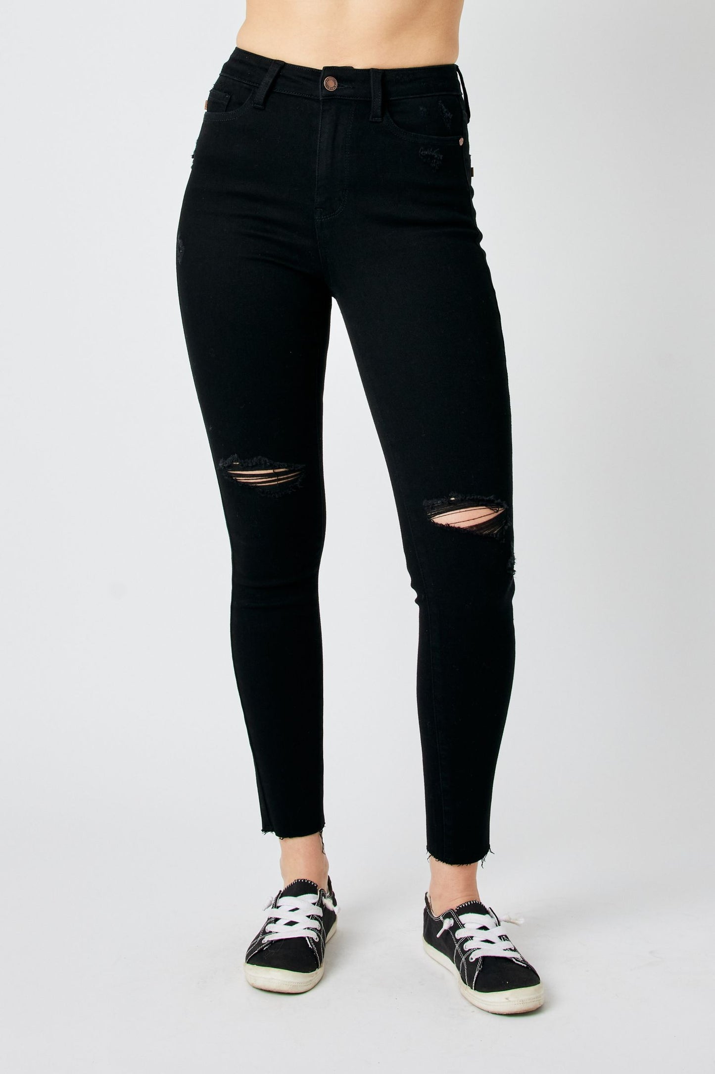 Judy Blue High Waist Black Distressed Raw Hem Skinny Jeans
