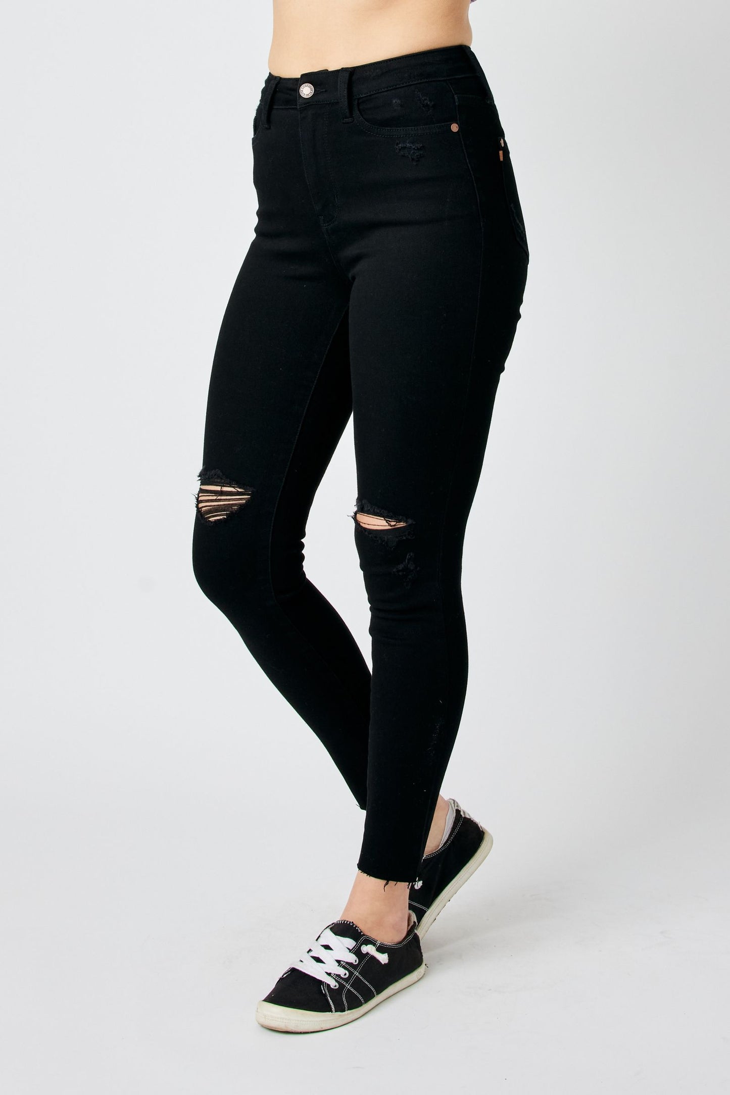 Judy Blue High Waist Black Distressed Raw Hem Skinny Jeans