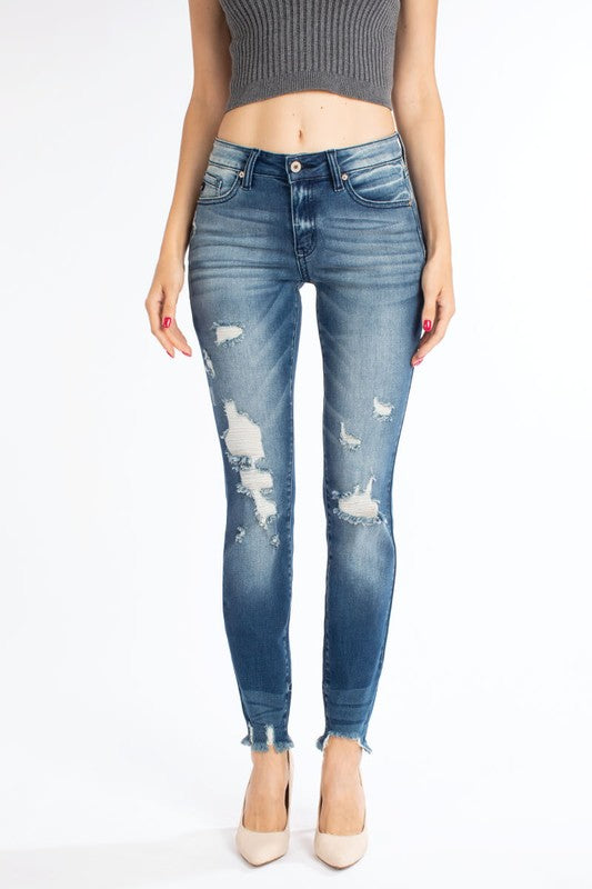 KanCan Mid Rise Whiskered Wash Distressed Frayed Hem Skinny Jeans