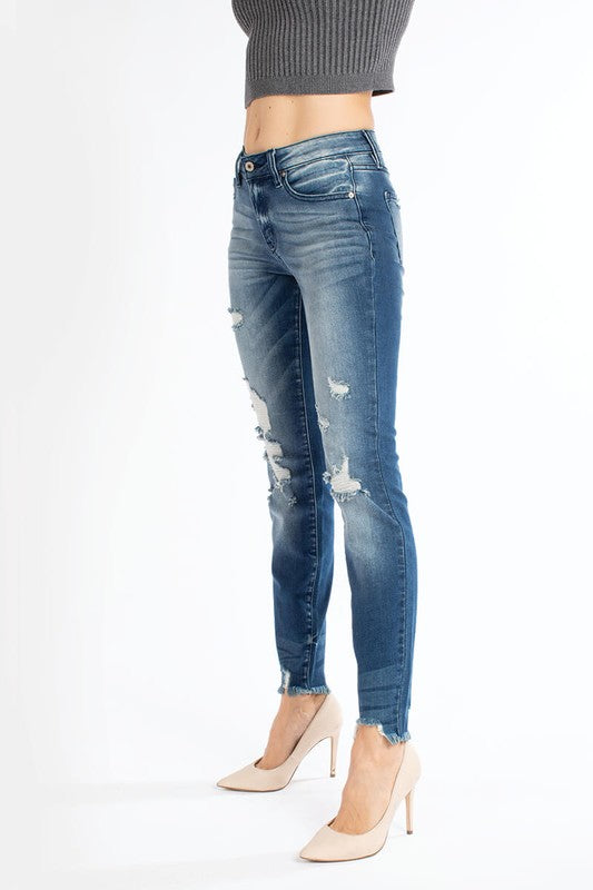 KanCan Mid Rise Whiskered Wash Distressed Frayed Hem Skinny Jeans
