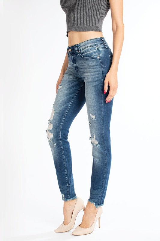 KanCan Mid Rise Whiskered Wash Distressed Frayed Hem Skinny Jeans