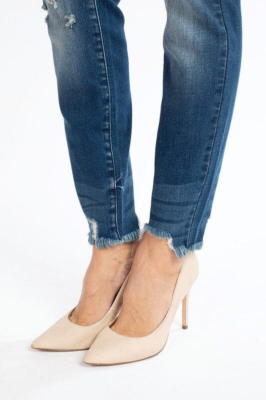 KanCan Mid Rise Whiskered Wash Distressed Frayed Hem Skinny Jeans