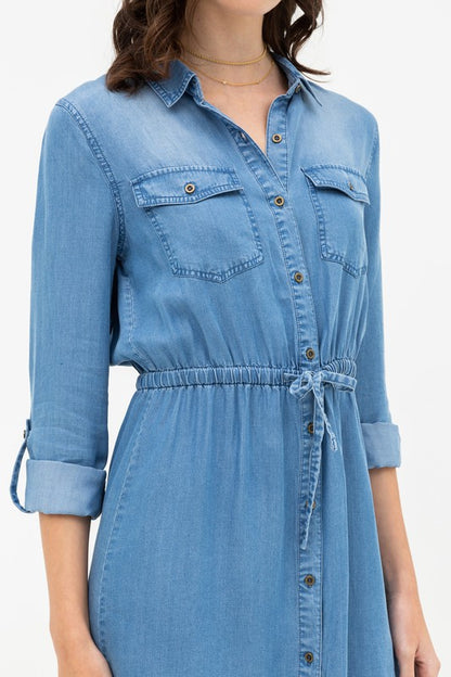Women's Button Down Tencel Denim Midi Shirt Dress